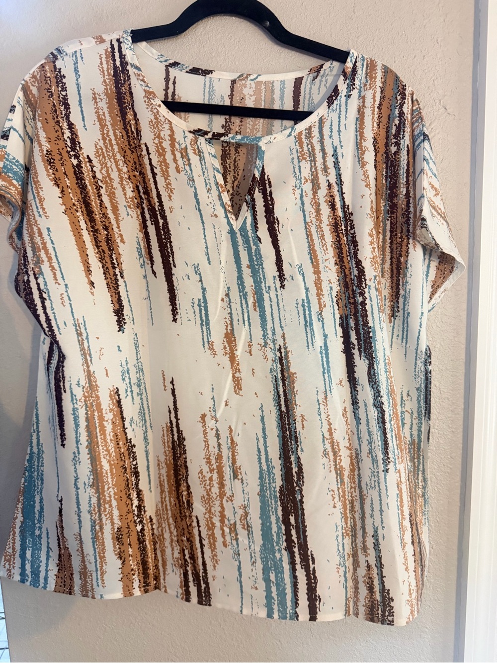 Abstract Stripe Keyhole Women's Top - Cream with Blue & Brown